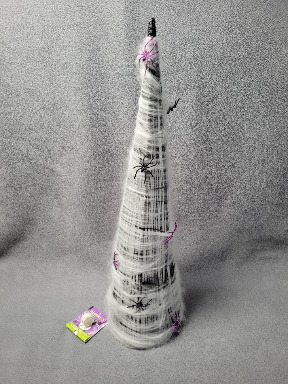 Halloween Cone-Shaped Spiderweb Tree with LED Lights Looks Like Witches Hat 24"